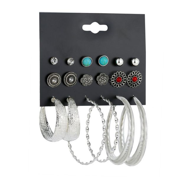 

9pairs/lot oversize vintage hoop earrings set for women punk fashion rhinestone cracked stone ancient flower big loop jewelry, Golden