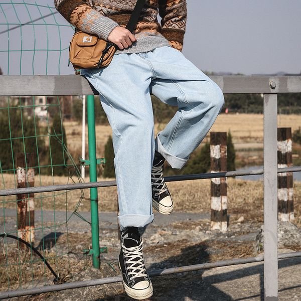 

мужчины ретро мода повседневный свободные прямые джинсы брюки мужской streetwear hip hop джинсовые штаны полная длина zipper mid solid, Blue