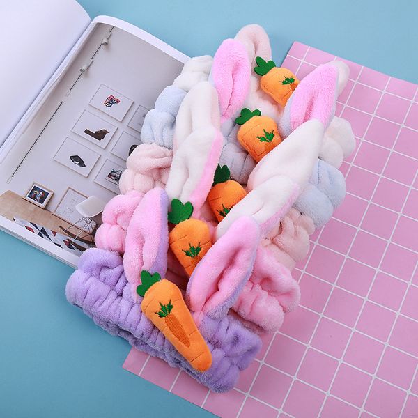 

2019 new rabbit ears radish hair bands cute coral fleece headband hair accessories makeup face washing hair hoop for women headdress, Golden;white