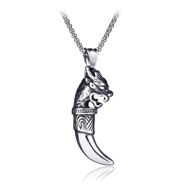 

vintage viking wolf tooth stainless steel pendant necklace spike punk jewelry for men male birthday gift ln3004, Silver