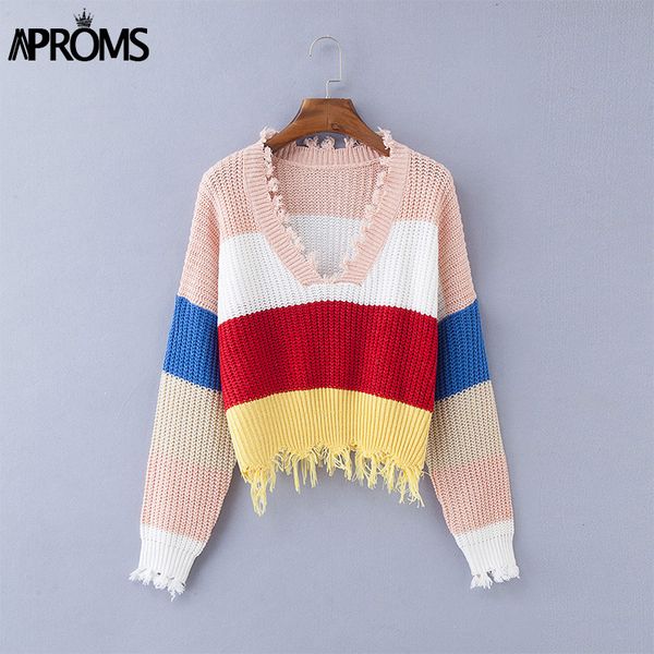 

aproms multi color blocked cropped sweater women winter deep v-neck tassel knitted pullover cool girls loose jumpers pull femme, White;black