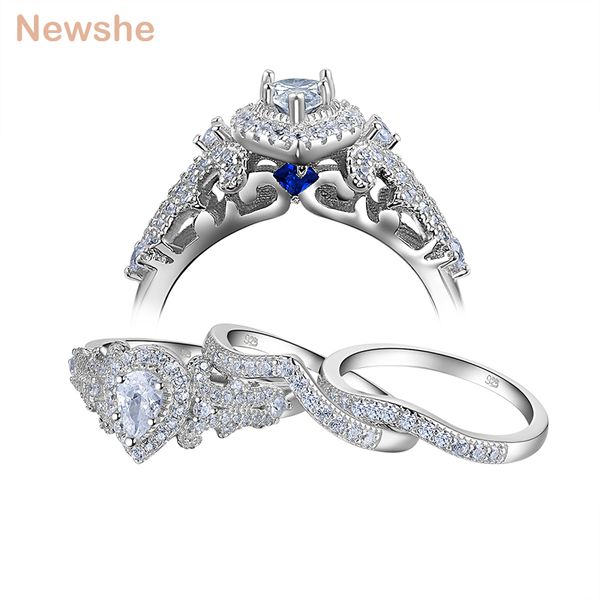 

newshe 3 pcs 925 sterling silver wedding rings for women 1.4 ct pear shape cz engagement ring set classic jewelry nr5015, Golden;silver