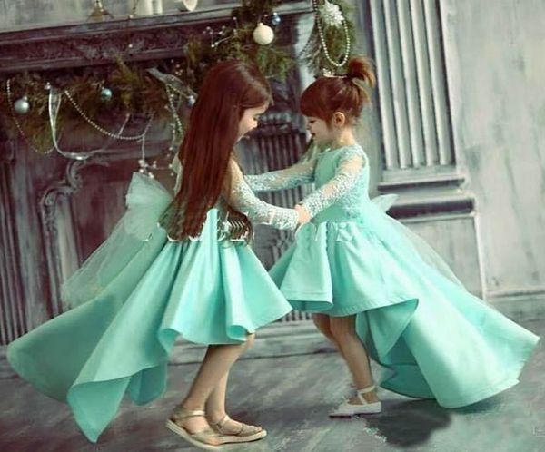 Menta Green Girls Girls Pageant Vestido de Manga Longa Big Bow Voltar Manga Longa Lace High Low Girls Party Vestidos para casamento vestido de baile tamanho personalizado