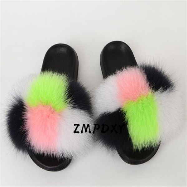 

womens home vogue plush slippers children's/kids real fur slides woman raccoon fur sandals ladies fluffy furry raccoon shoes, Black