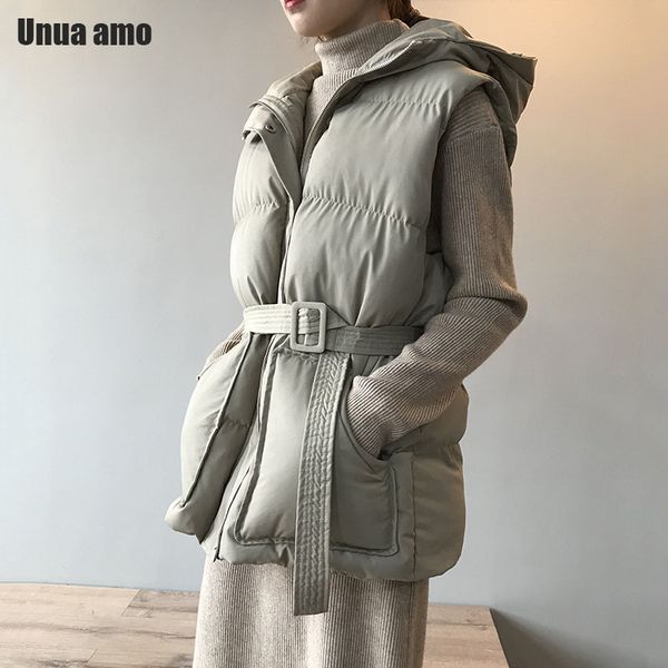 

unua amo winter vest coat women hooded warm parka 2020 fashion sashes slim sleeveless cotton padded waistcoat jacket, Black;white