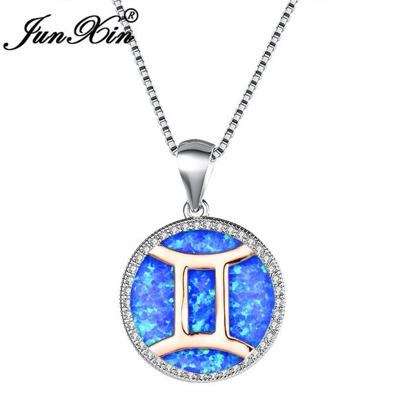 

junxin 925 sterling silver gemini pendant necklaces for women round blue white fire opal necklace female girls valentine jewelry