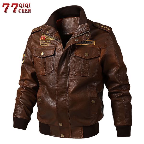 

tactical pu leather jacket men motorcycle pilot coat epaulette vintage embroidery jackets autumn plus size 6xl hombre, Black