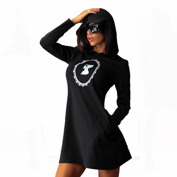 

2017 women dress mini long sleeve autumn winter party club dresses plus size blue black red white hooded print dress, Black;gray