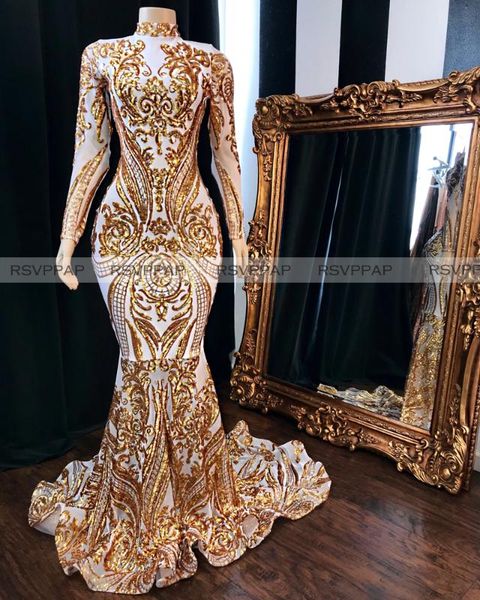 

long sleeve high neck mermaid prom dresses 2020 african black girls gold sequin and white party gala prom dress, White;black