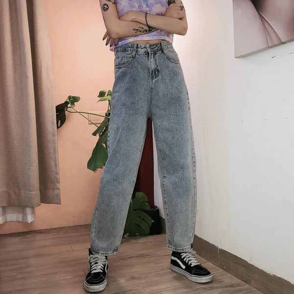 

summer 2019 new korean version of high waist loose bf port style retro casual jeans straight female, Blue