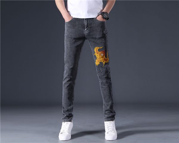 

2020 cow embroidered jeans for men scratches fashion hip hop pants slim fit casual mens denim trouser pantalones vaqueros hombre, Blue
