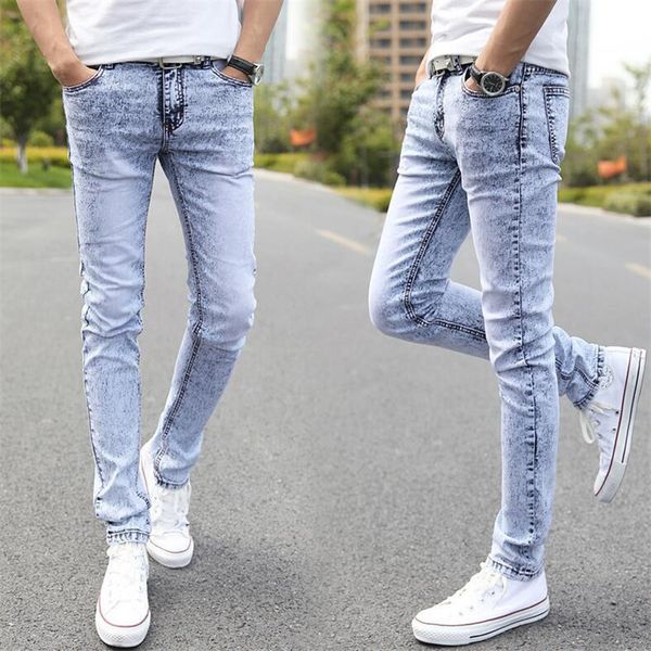 

mens vintage slim fitted men's light blue jeans new fashion elasticity skinny jeans cool hip hop denim casual joggers pants