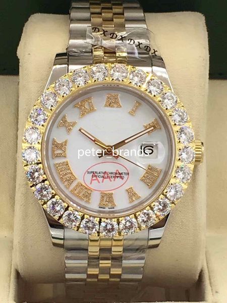 

prong set diamond watches two tone silver gold 43mm white face bigger diamond bezel automatic fashion men's watch, Slivery;brown