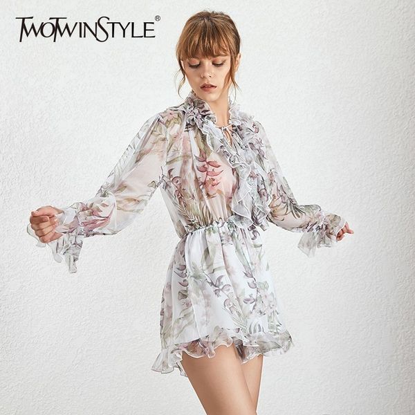 

twotwinstyle casual print women's jumpsuit v neck long flare sleeve high waist loose jumpsuits female fashion new 2019 summer, Black;white