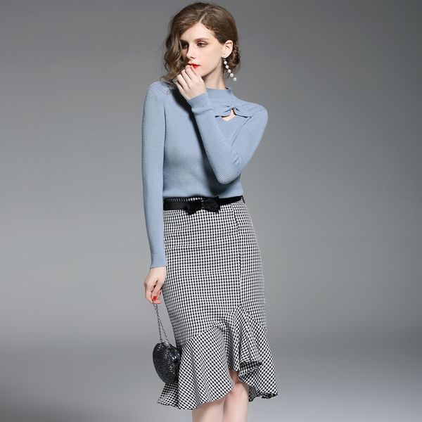 

fashion two piece set women dress 2018 autumn winter knitted long sleeve sweater slim midi skirt women clothes, Gray