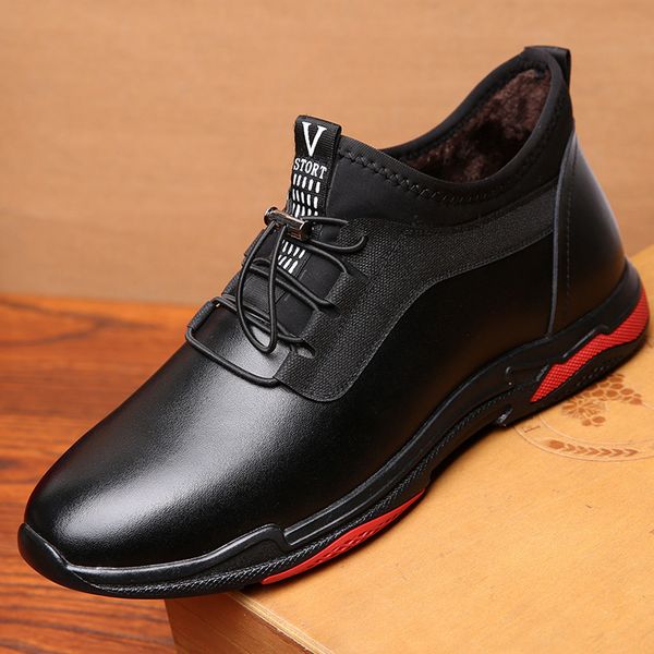 

genuine leather cotton shoes for men plus velvet comfortable warm cotton shoes for students in winter of 2019, Black