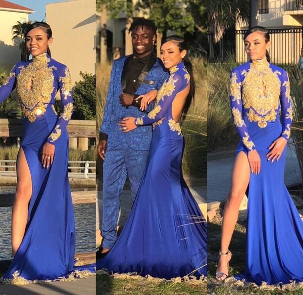 

2019 new royal blue mermaid prom dresses with gold appliques long sleeves side split sweep train mermaid formal evening party dresses, Black