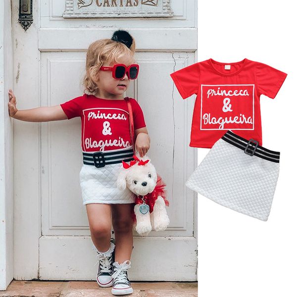 

girls clothing sets new summer short sleeve letter print t-shirt+ mini skirts 2pcs for kids clothing sets baby clothes outfits, White