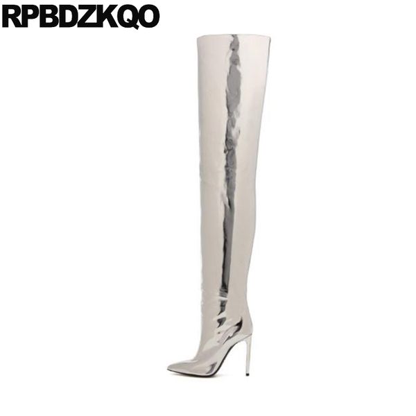 

thigh high boots for plus size women shoes stiletto big stripper heel over the knee pointed toe wide calf dance metallic crotch, Black