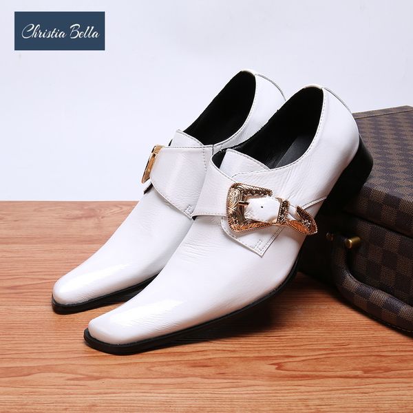 

christia bella fashion simplicity buckle genuine leather men business shoes plus size slip on square toe formal dress shoes, Black