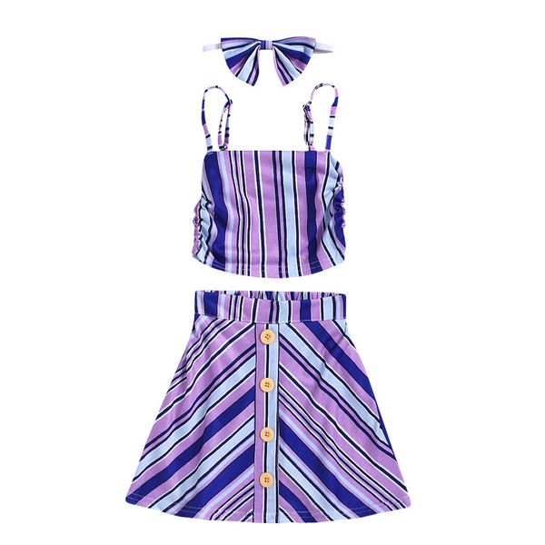 

toddler kids baby girls straps print stripe + skirt+hairband outfits sets, White