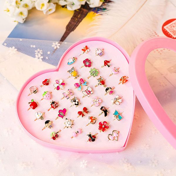 

mixed 36pcs kids cartoon assorted flower animals crystal alloy adjustable children ring girl birthday party gift with box, Golden;silver