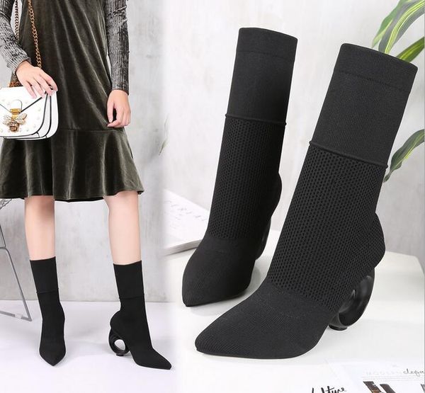 

2020 new elastic socks boots pointed mesh hollow heels middle ladies'high-heeled boots autumn and winter style black wedding boots