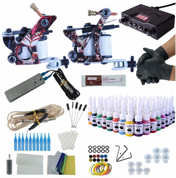 

professional tattoo kit 2pcs machine guns 54 bottle inks tattoo machine set needles tips supplies kit tattoo tools for starter