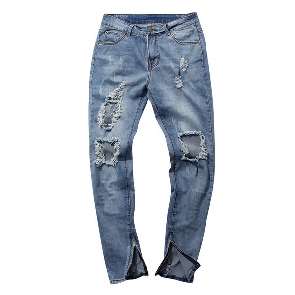

new mens jeans fashion stretch slim fit jeans split zipper hole ripped washed long denim slim pencil pants fashion trousers, Blue
