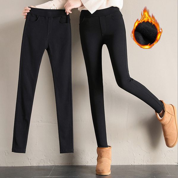 

thick warm pants winter women fleece leggings black high waist thermal treggins elasticity pencil trousers plus size 3xl, Black;white