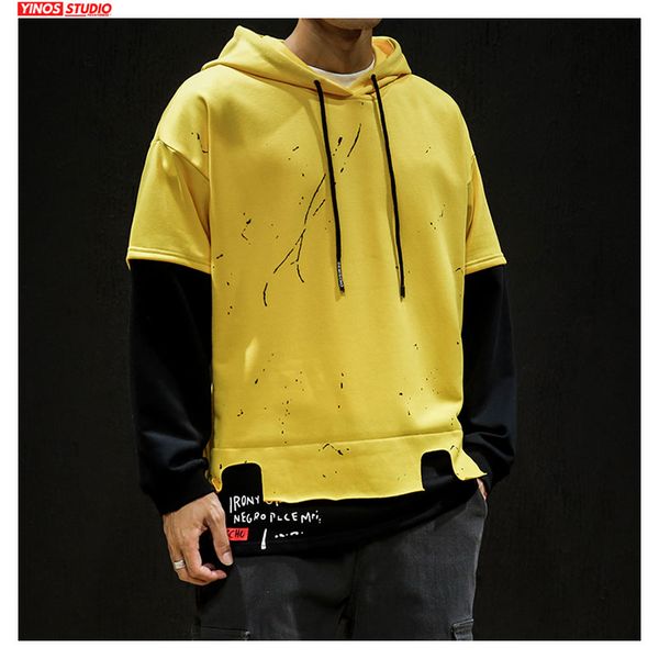 

dropshipping autumn japanese streetwear hoodies casual male pullover mens fake two pieces hooded cotton sweatshirt, Black