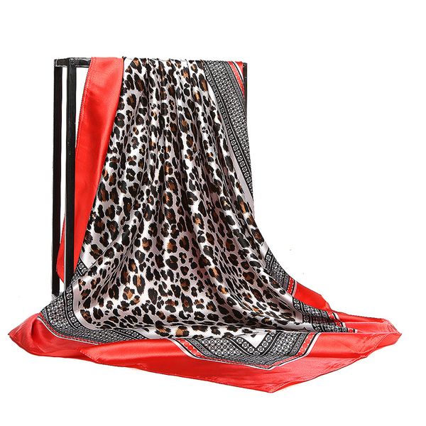

elegent women large square silk scarf coffeee leopard printed 90*90cm bandana fashion spring autumn polyester silk scarf shawl