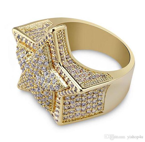 

mens 3d super star gold cz bling bling rings 18k yellow gold plated iced out cubic zirconia micro pave ring hip hop jewelry with gift box, Golden;silver