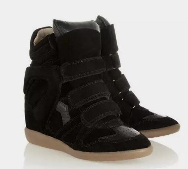 

black genuine leather isabel bekett leather-trimmed suede wedge sneakers women marant fashion show paris new shoes