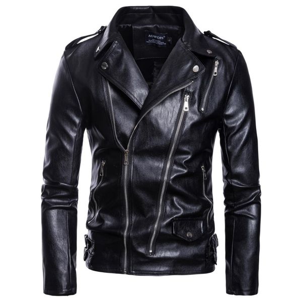 

cross border supply of goods 2018 autumn foreign trade new style western style men locomotive large size leather coat multi-zipp, Black
