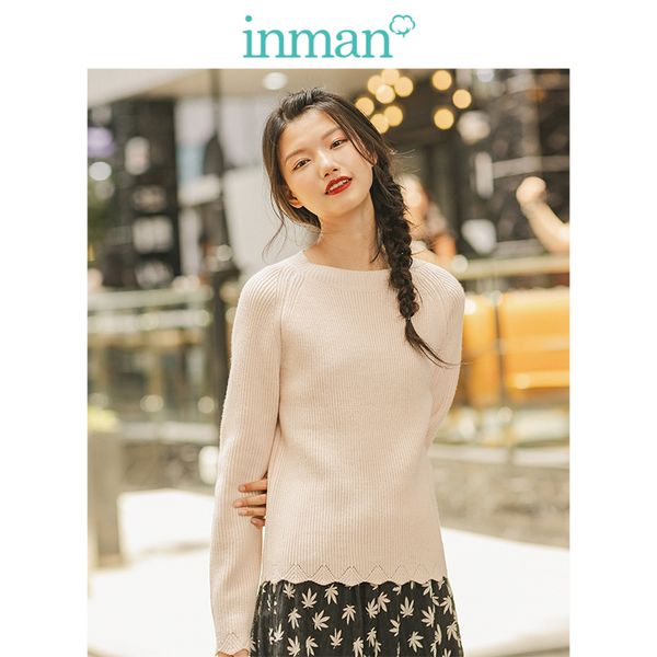 

inman 2019 autumn new arrival o-neck long sleeve elegant apricot all matched literary lace women pullover, White;black