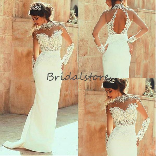 

elegant beaded high neck country wedding dresses with sleeves open back lace beach garden bridal dress modest arabic wedding gown, White