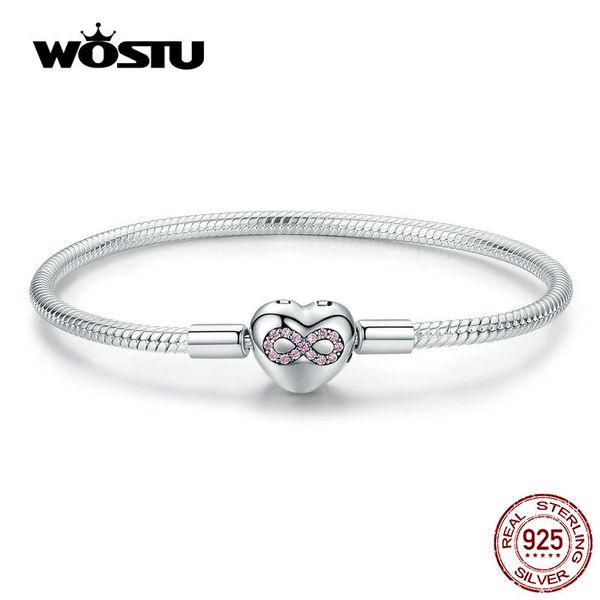 

wostu heart infinity love bracelets 100% 925 sterling silver pink zircon charm bracelets bangle for women fashion jewelry cqb142, Golden;silver