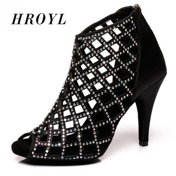 

hroyl new women latin dance shoes female girl salsa sandal cuts-out rhinestone ladies ballroom tango samba party heel6-10cm