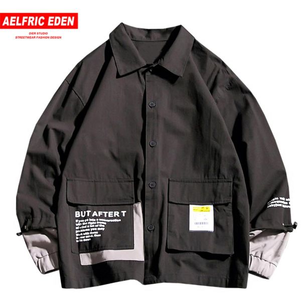 

aelfric eden 2019 thin japanese style harajuku hip hop cotton jacket men pocket stitch patch streetwear casual letter print coat, Black;brown
