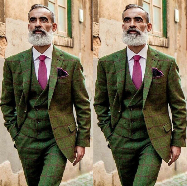 

2020 new arrival men's olive green 3 piece tweed check vintage suit plaid groom tuxedos notch lapel dinner prom suits, White;black
