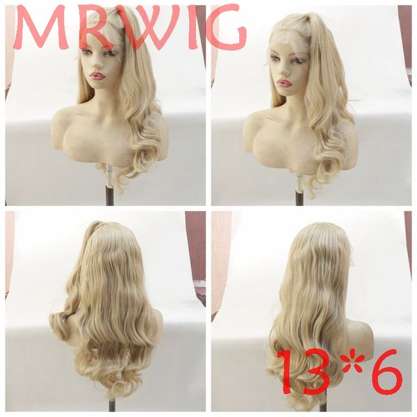 

mrwig 13*6in synthetic long wavy front lace wig mixed blonde hair part live picture for woman, Black
