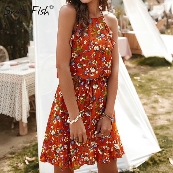 

sleeveless floral printed mini dress femme halter beach sundress 2020 vacation women a-line orange summer bohemian dresses g1335, Black;gray