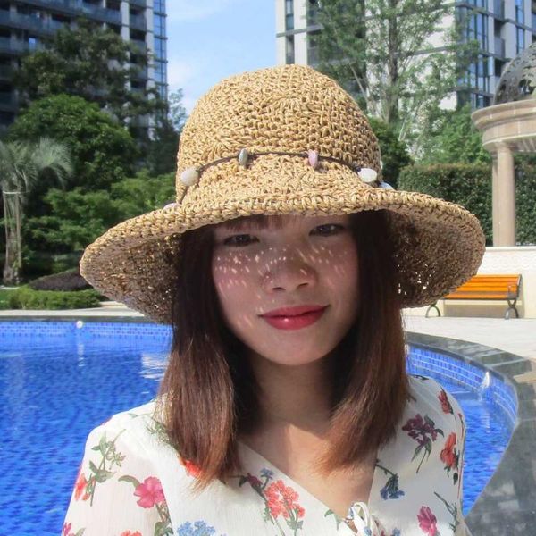 

summer new hand crochet straw hat women's sun hat folding outdoor sun visor shell chain beach panama sunhat girls, Blue;gray