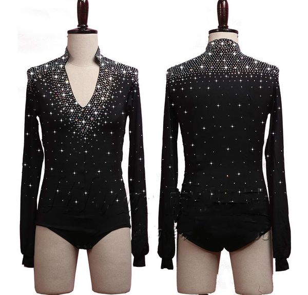 

shiny rhinestone latin dance for male high-end custom black color v-neck shirts men latin dance competition costumes, Black;red