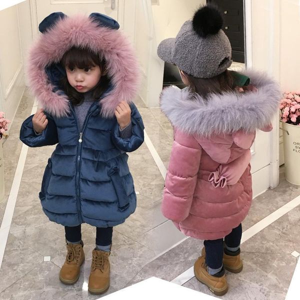 

zlxx girls pink fur collar hood winter 2020 new medium long thickened cotton-padded clothes for children velvet snowsuit, Blue;gray