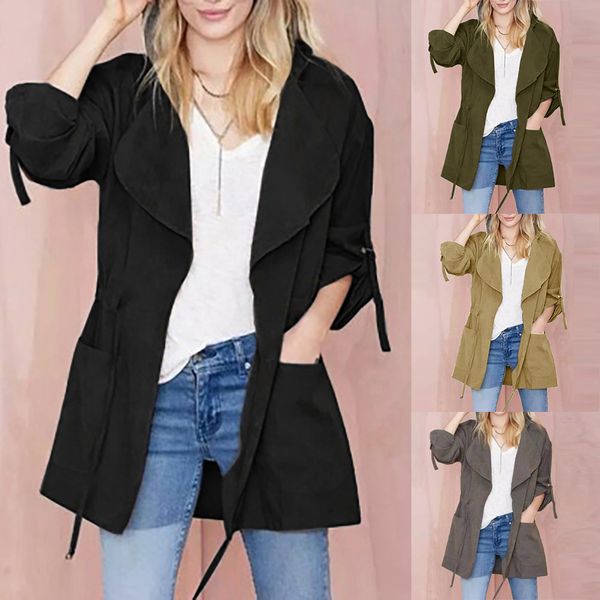 

30#2019 turn-down gray collar fashion womens long sleeve pocket drawstring hooded coat jacket windbreaker long coat, Black;brown