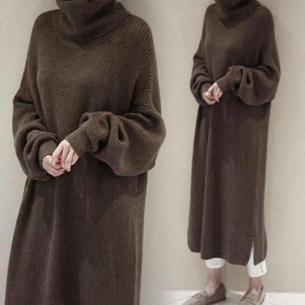 

oversize autumn winter knitted dress women turtleneck long sleeve warm sweater dress casual solid loose dress robe femme vestido, Black;pink