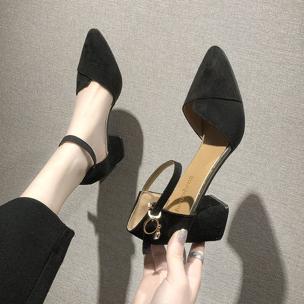 

new style pointed-toe high heel shoes women's chunky-heel shallow mouth single shoes business-work two-color shoe, Black