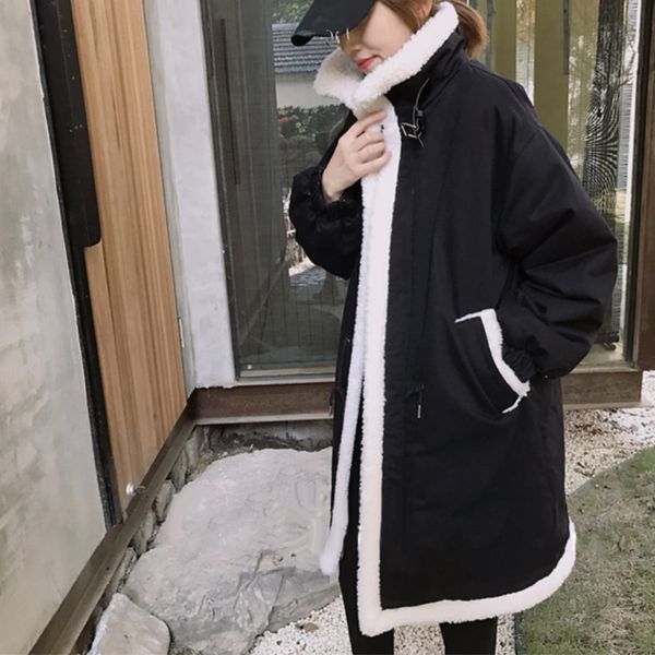 

women's winter coat imitation lamb wool coat loose bf korean waist drawstring thickening plus velvet student jacket coats ml334, Black